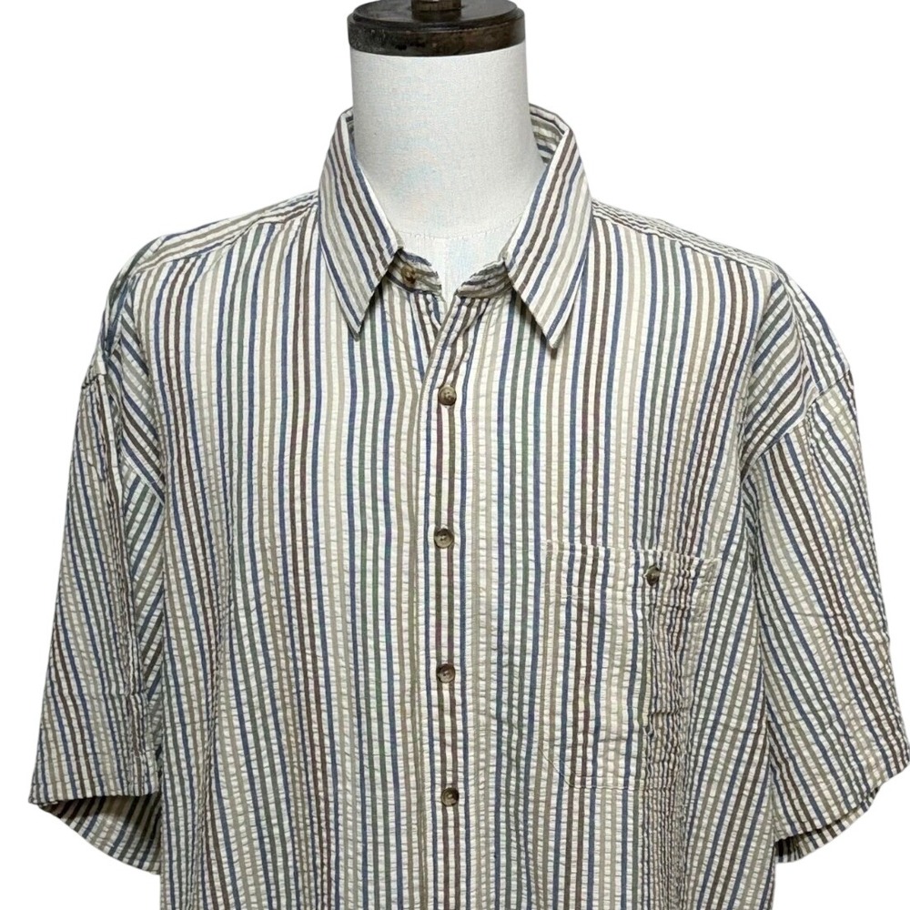 Orvis Shirt Mens XXL Blue White Striped Seersucker Button Up Short Sleeve